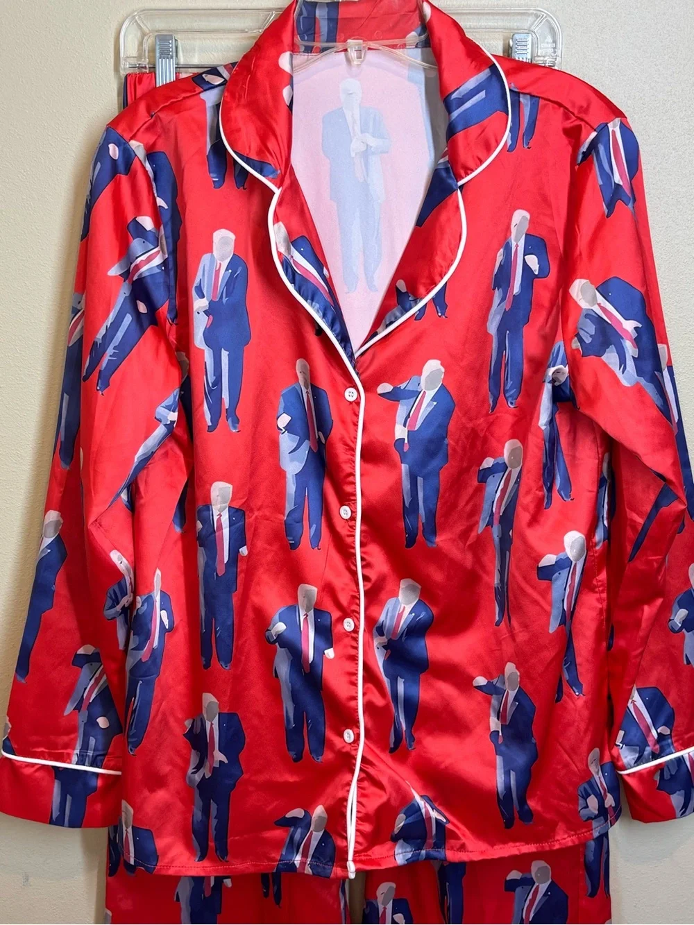 Trump Satin Red Pajama Set, Button-Up, Medium, Dancing Trump